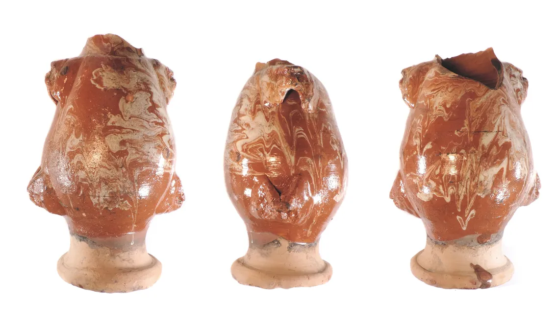 Three views of a brown and cream swirl-glazed ceramic vessel with a flared base and uneven rim, shown from different angles against a white background.