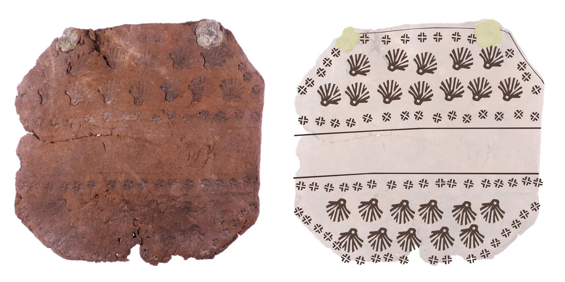A leather wrist guard with faded markings is shown on the left; a black-and-white illustration of the wrist guard’s original patterns is shown on the right.