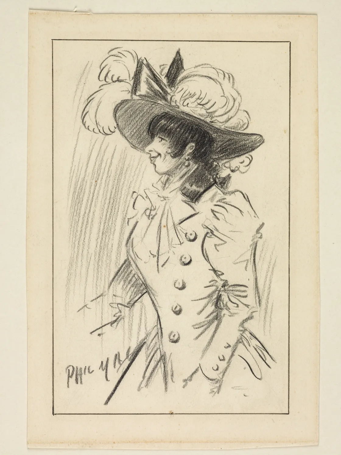Sketch of a woman in an early 20th-century outfit with a large feathered hat, looking to the side, by artist paul meyerheim.