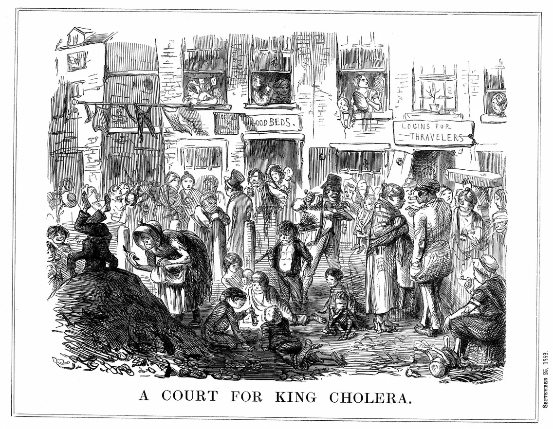 Black and white illustration of a crowded, unsanitary urban street scene in the 1800s, with people gathered around filth; caption reads "A Court for King Cholera".