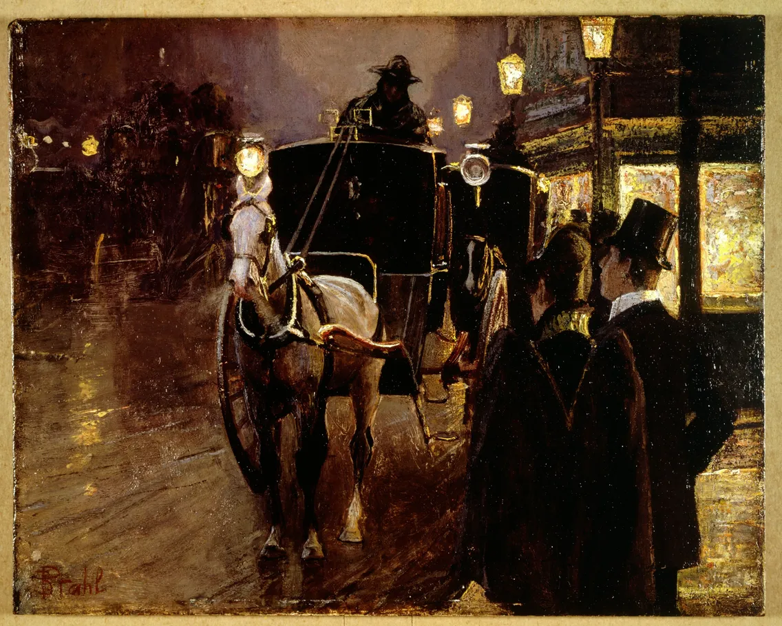 Painting of an evening street scene with elegantly dressed figures, a horse-drawn carriage, and glowing street lamps, capturing an air of 19th-century nightlife.