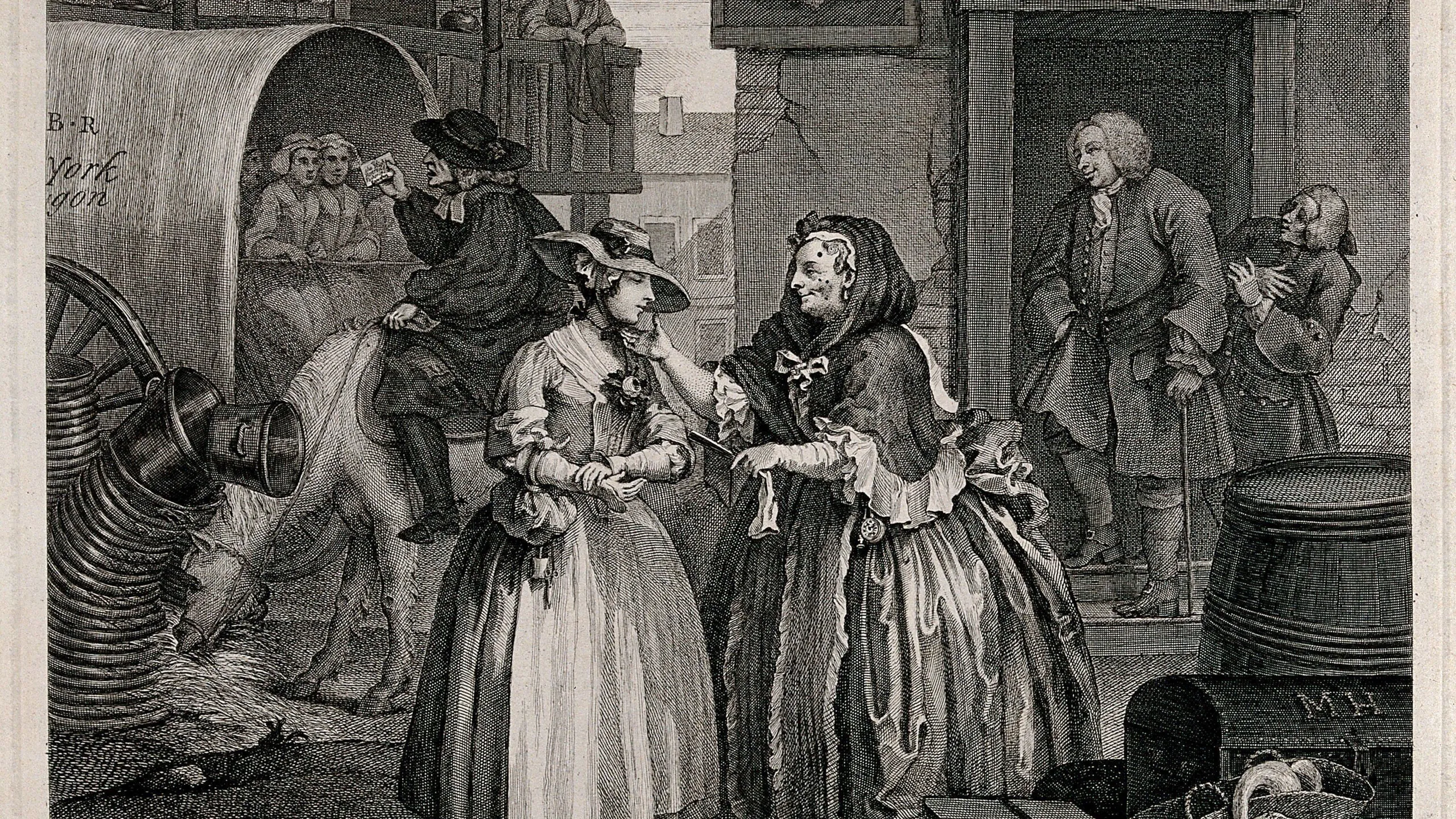 Moll Hackabout is greeted by the brothel keeper, Mother Needham; in the background Colonel Francis Charteris stands at a doorway.