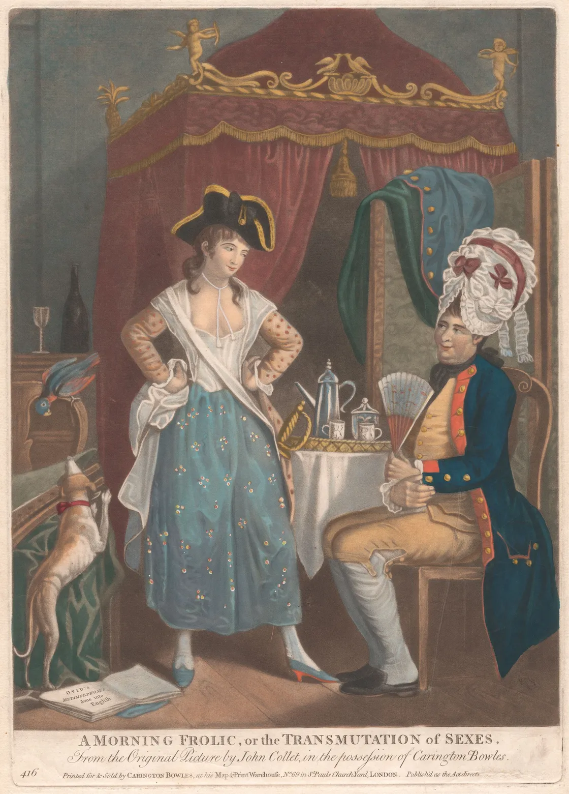 A woman and a man in 18th-century attire sit in an ornate room with a dog nearby; the woman wears a hat and open shirt, and the man holds a fan while seated at a table with tea items.