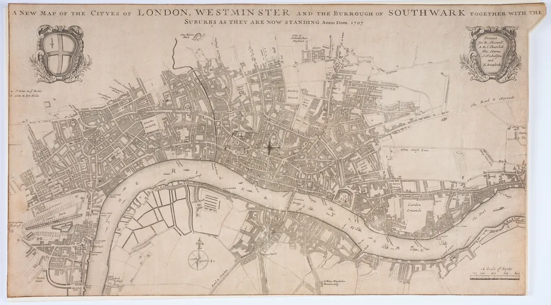 A historical map titled "A New Map of the Citties of London, Westminster and the Borough of Southwark," showing detailed streets and landmarks, dated 1720.