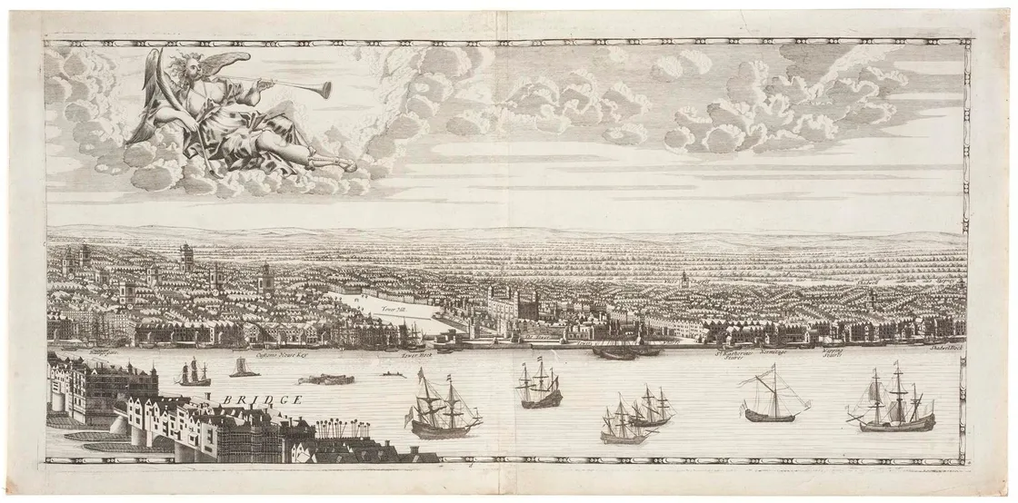 A greyscale sketch of London and Westminster with boats on the river Thames