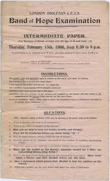 1906 examination paper titled "london diocesan c.e.t.s. band of hope examination" with questions about the "temperance movement" listed.