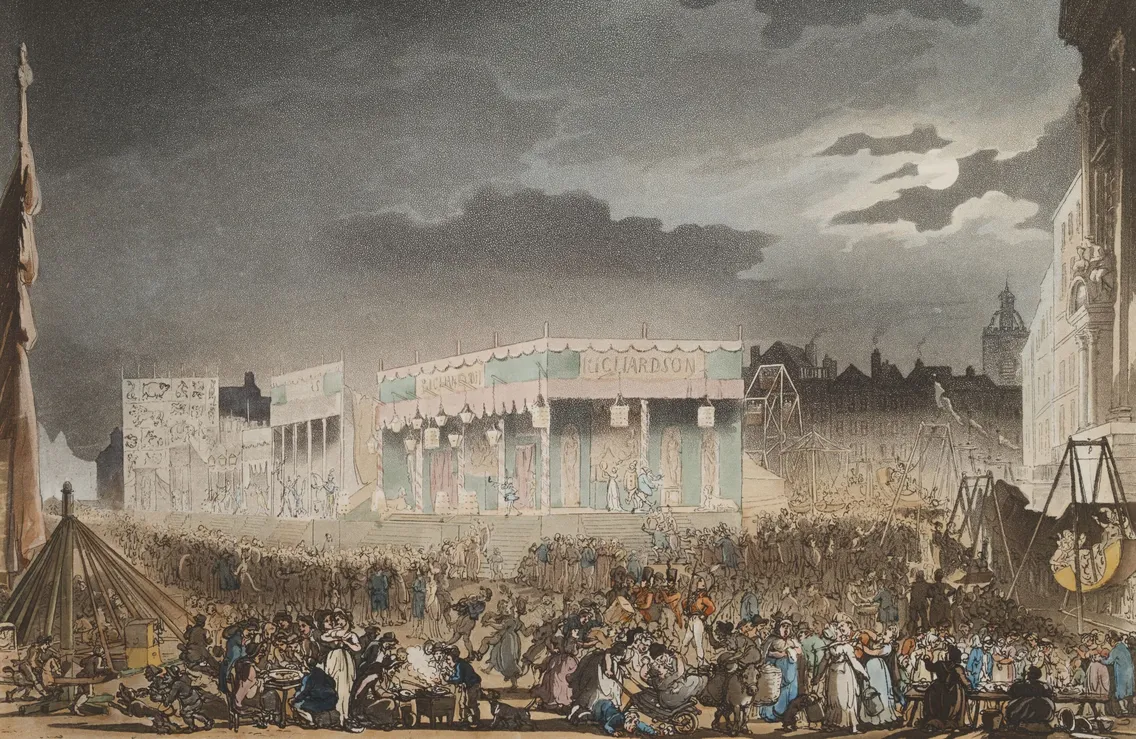 A large crowd gathers at Bartholomew Fair in front of a decorated pavilion, with various stalls, performers, and bustling activity under a cloudy sky.