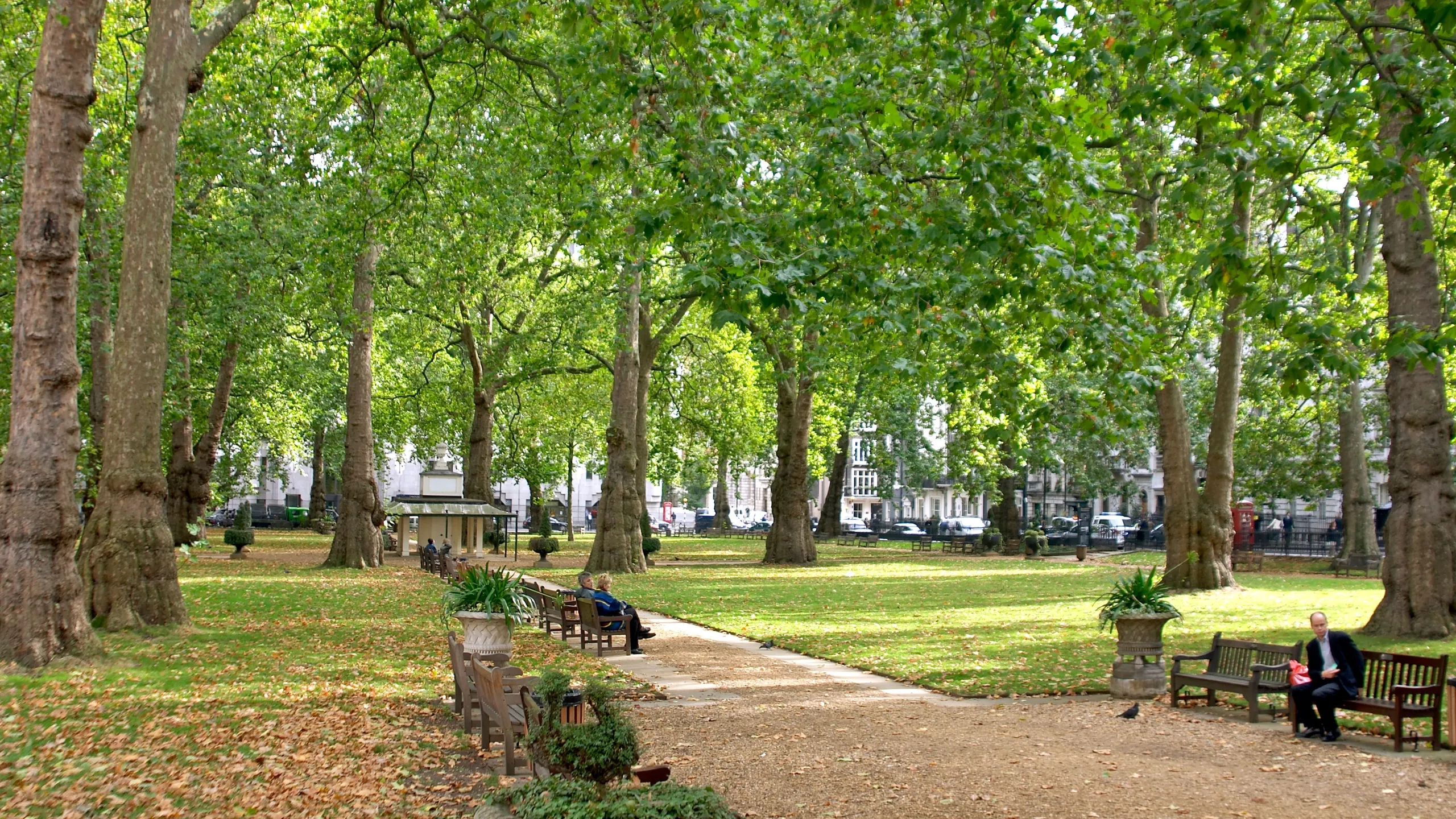 AH4H79 Berkeley Square with benches and plane trees in summer Mayfair London W1 England 