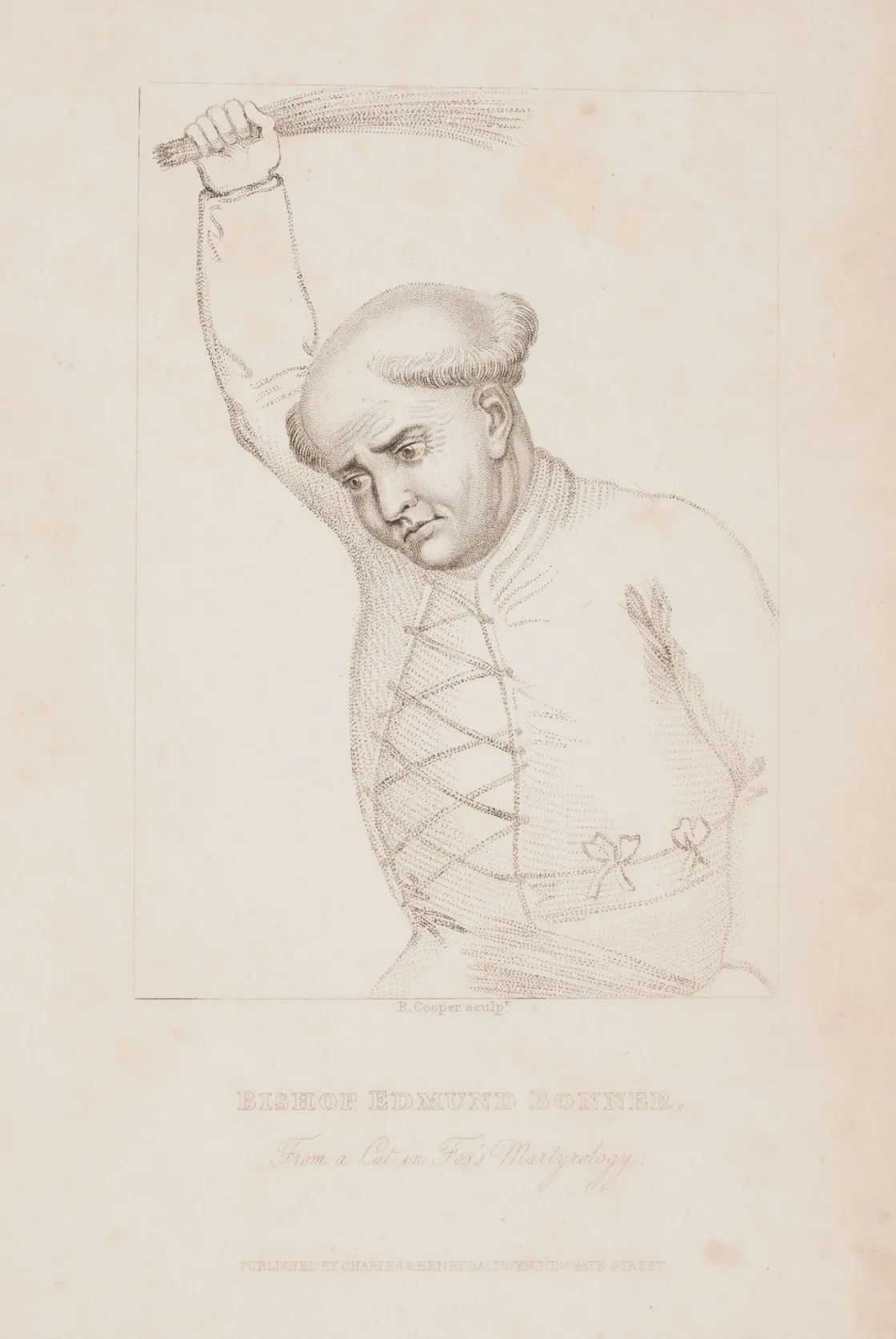 A man in historical clothing raises a whip above his head, preparing to strike. The drawing is monochrome with soft shading and handwritten labels below the figure.