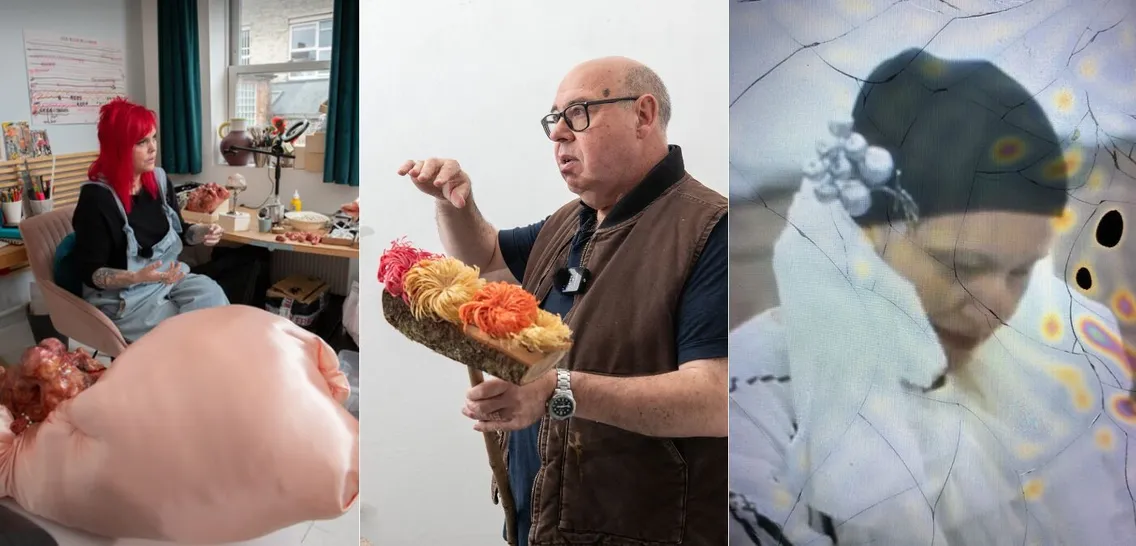 Three photos: a woman with red hair working on a fabric project, a man holding a colorful woven object, and a person in a headscarf looking down at a partially blurred image.