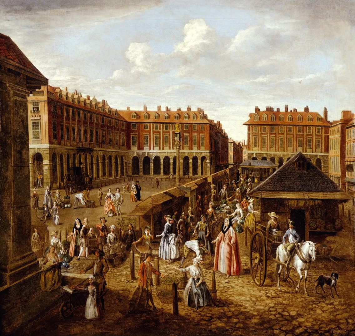 A busy outdoor market scene in an 18th-century European city square, with people in period clothing, horses, carts, and surrounding historic buildings.