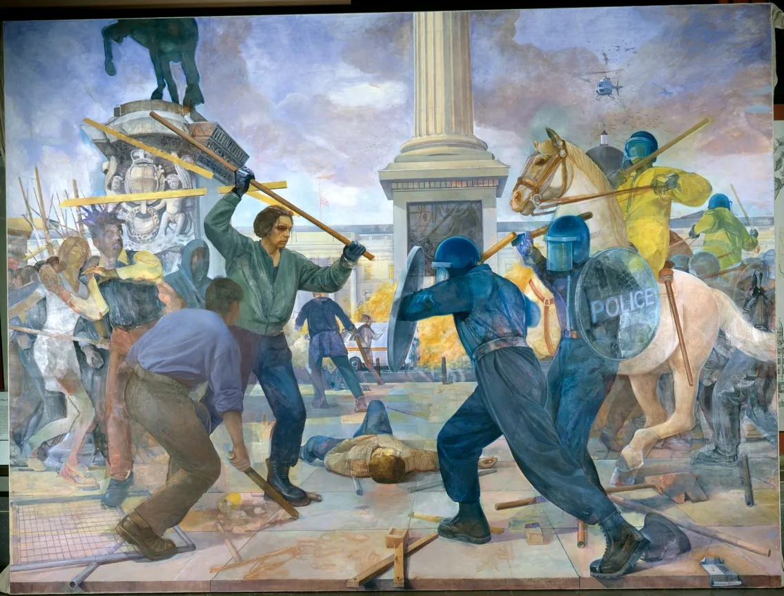 A dynamic mural depicting a tense confrontation between protestors and police officers, with symbolic elements like a horse and a statue.