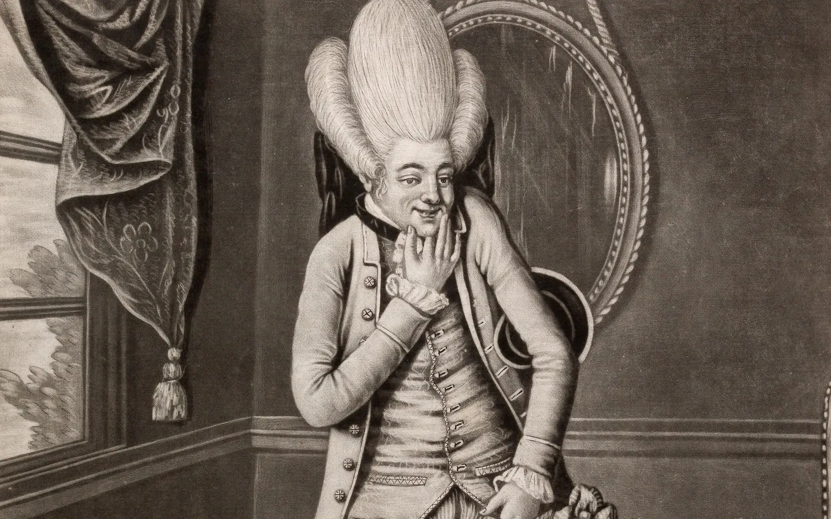 A black and white illustration of a man in 18th-century attire standing in a room, with a tall hairstyle and holding a hand to his face. The caption reads: "How D'ye Like Me.