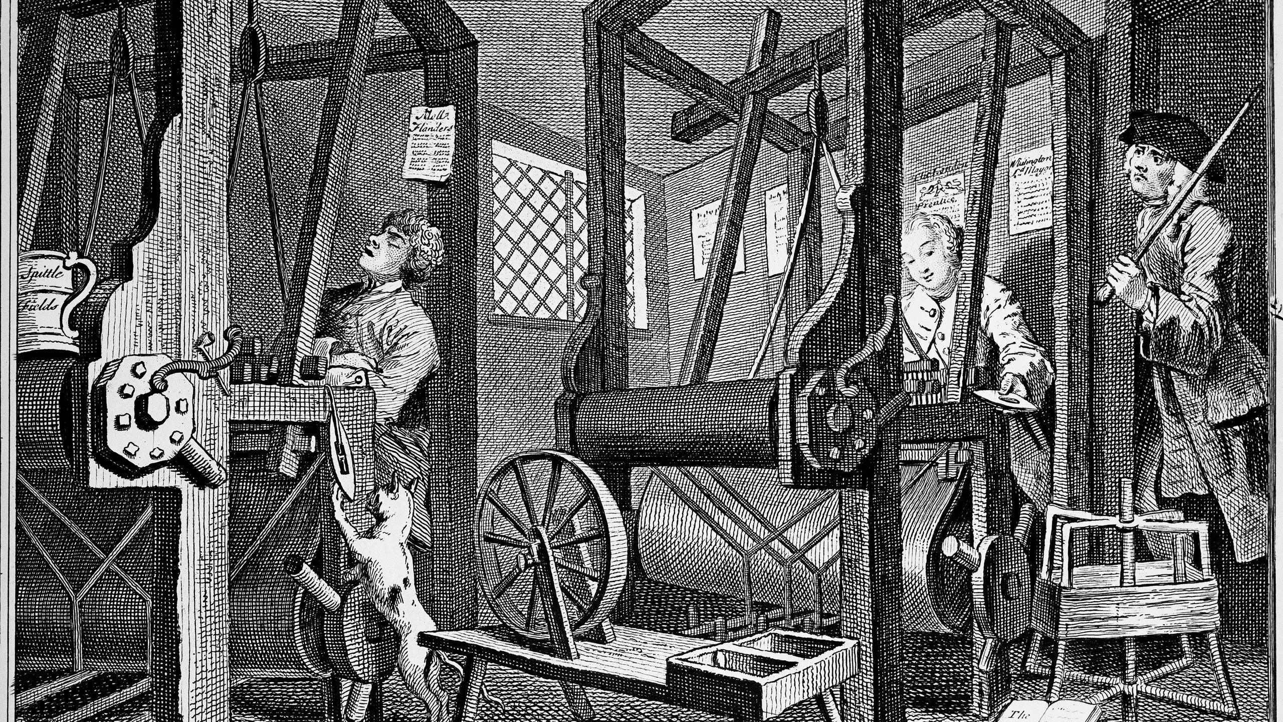 Weaver's workshop with 2 looms and 2 reels for winding spun yarn.  The Idle 'Prentice is asleep while Golding operates his loom.  From The Works of William Hogarth - Paulson Cat.168 - H62A