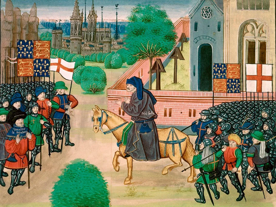 Medieval scene depicting a rider on a horse addressing an assembled crowd outside a city. Gothic buildings and flags with crosses are visible in the background.