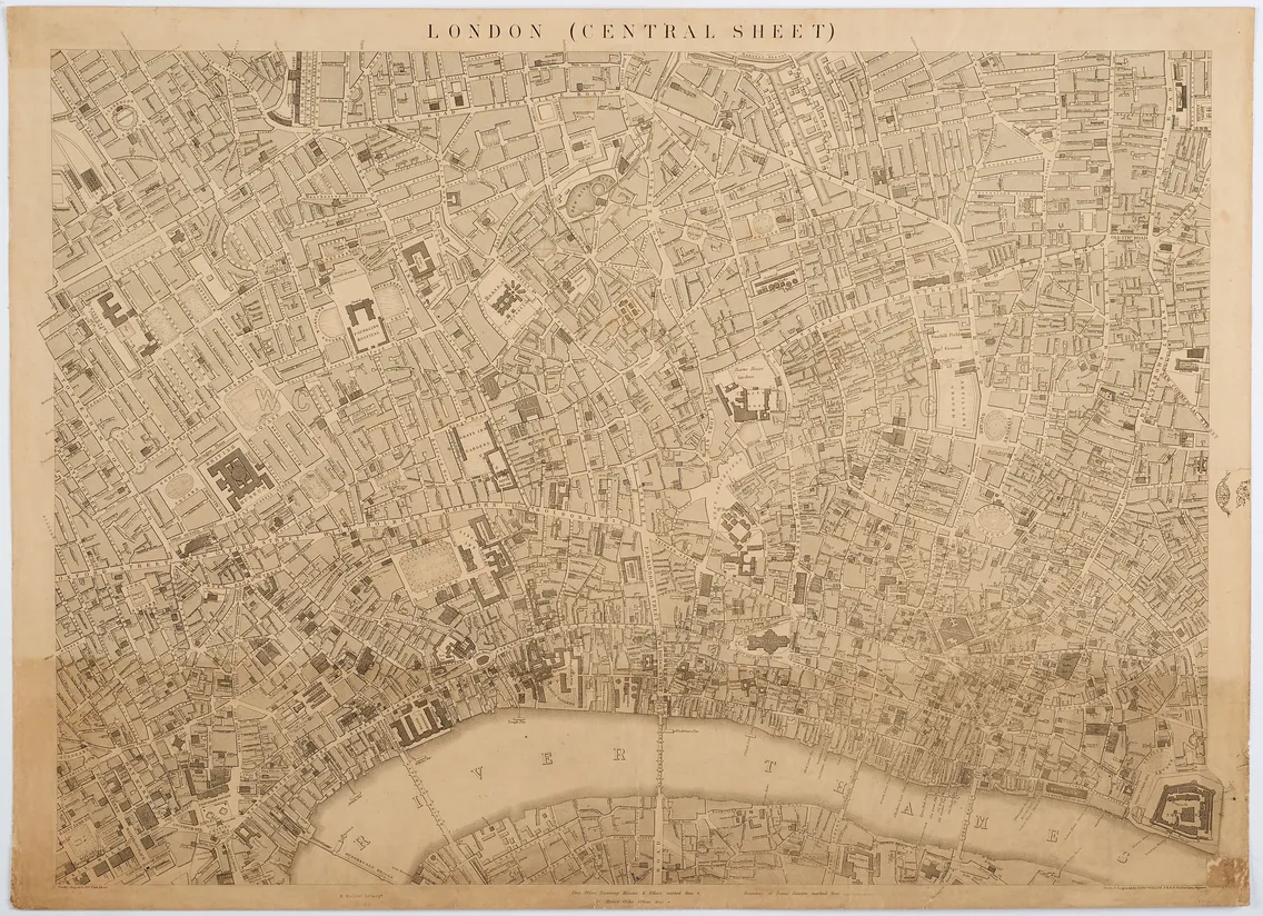 Detailed vintage map showing central London with streets, buildings, and the River Thames, labeled "London (Central Sheet)" at the top.