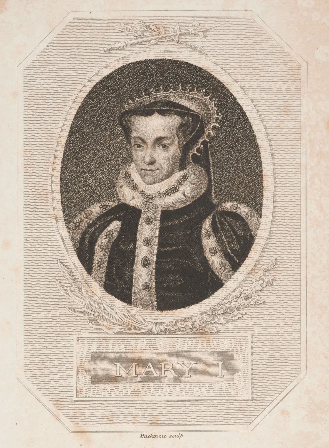 An engraved portrait shows Mary I wearing a crown and an elaborate fur-trimmed robe, with her name inscribed below the image.
