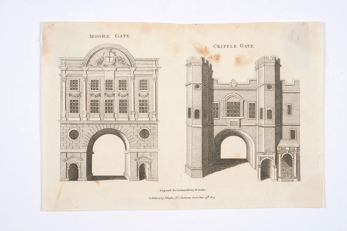 Illustration of historical gatehouses labeled "Moore Gate" and "Cripple Gate" with architectural details, including archways and decorative elements, from an old publication.