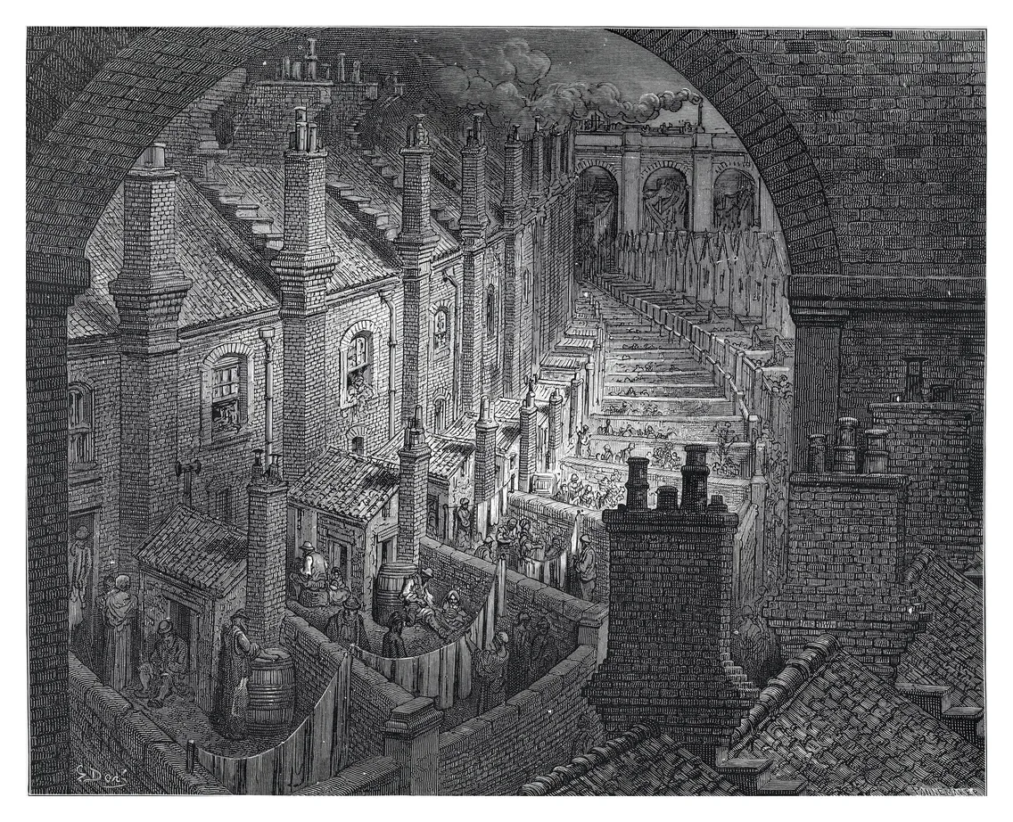Detailed black and white illustration showing a bustling street scene in a european city, viewed from above and framed by arched brick structures.