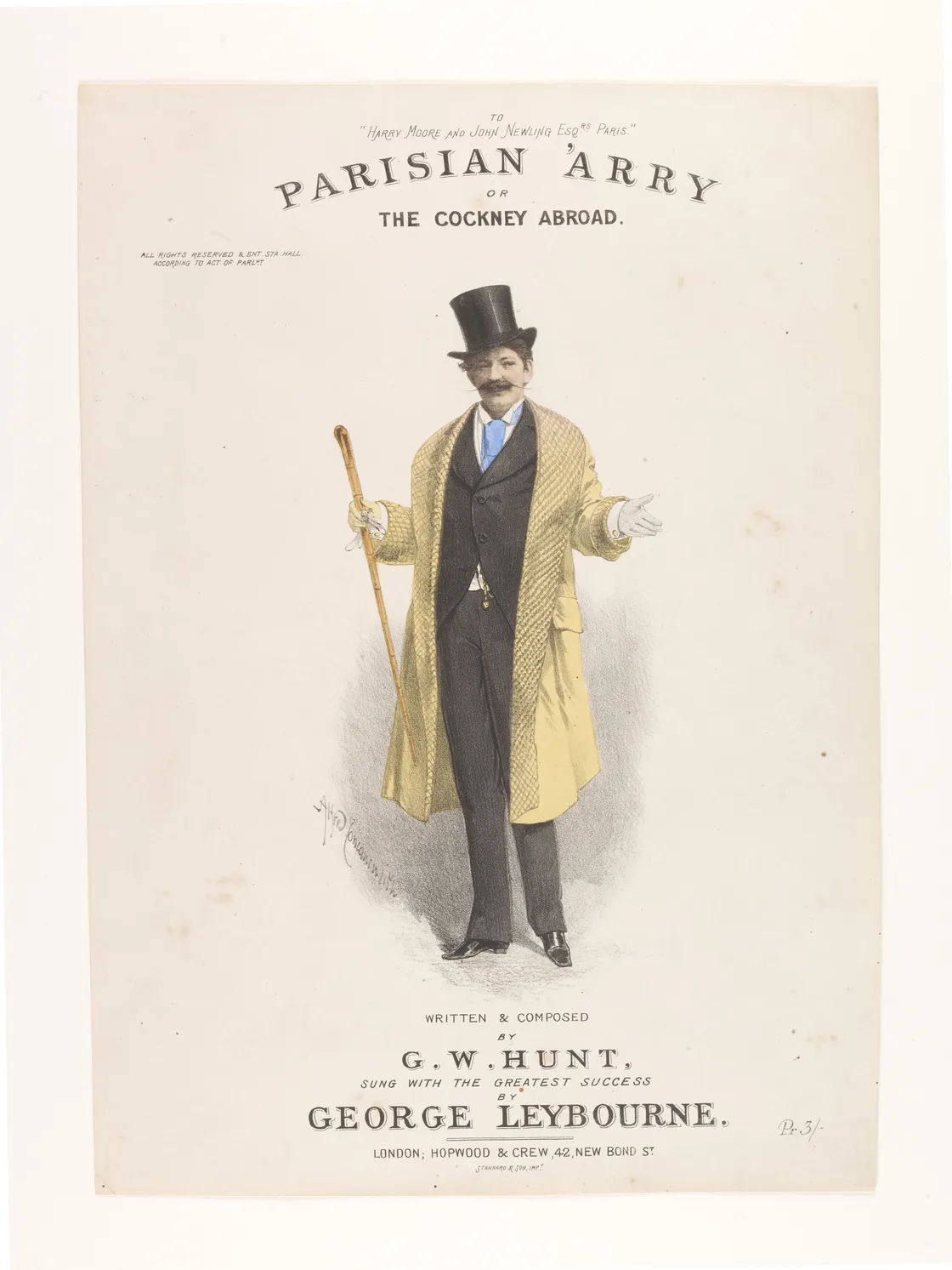 Vintage sheet music cover titled "parisian arry" featuring a man in a top hat and knee-length coat, holding a cane, with text by g.w. hunt, performed by george leybourne.