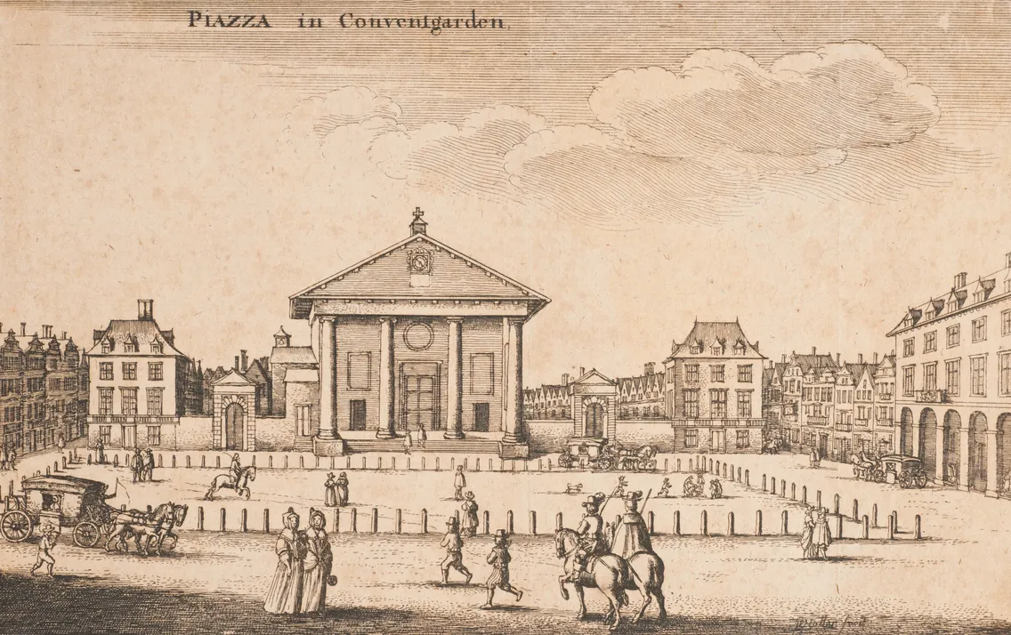 Historic illustration of Covent Garden Piazza in London, showing St. Paul’s Church at the center, surrounded by buildings, people, carriages, and horses in the square.