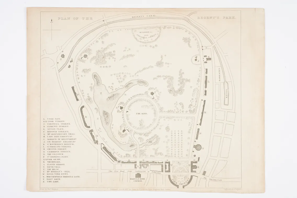A vintage map titled "Plan of the Regent's Park," depicting pathways, green spaces, and landmarks within the park. Annotations and a legend identifying key locations are present along the bottom edge.