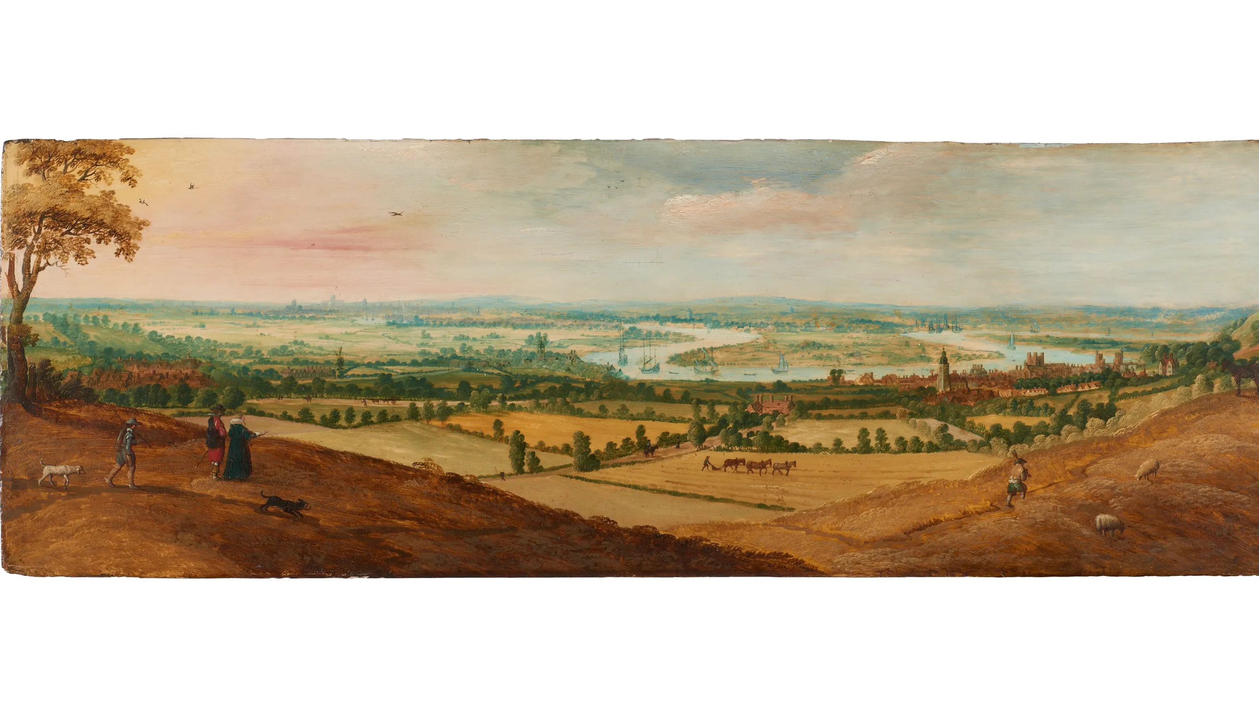 'Prospect of London and the Thames from above Greenwich'. The earliest painted view of London showing its setting in landscape from Blackheath. Villages shown in the middle distance and centre, Deptford and Isle of Dogs, Greenwich. Southwark Cathedral and Old St. Paul's dominate skyline. Beyond city are the heights of Hampstead and Highgate. Details of where exhibited in Hayes' 'Catalogue of Oil Paintings in the London Museum'.