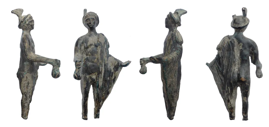 Figurine of a standing male figure depicting the Roman god Mercury with winged helmet, cloak over arm, and money bag in hand, shown from four angles on a white background.