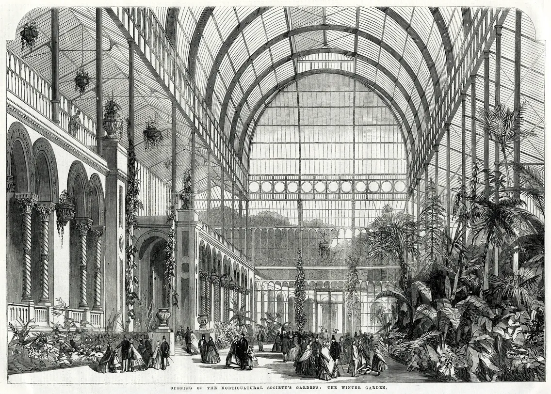 Victorian-era illustration of people walking inside a large glass conservatory with arched ceilings, abundant plants, and hanging baskets.