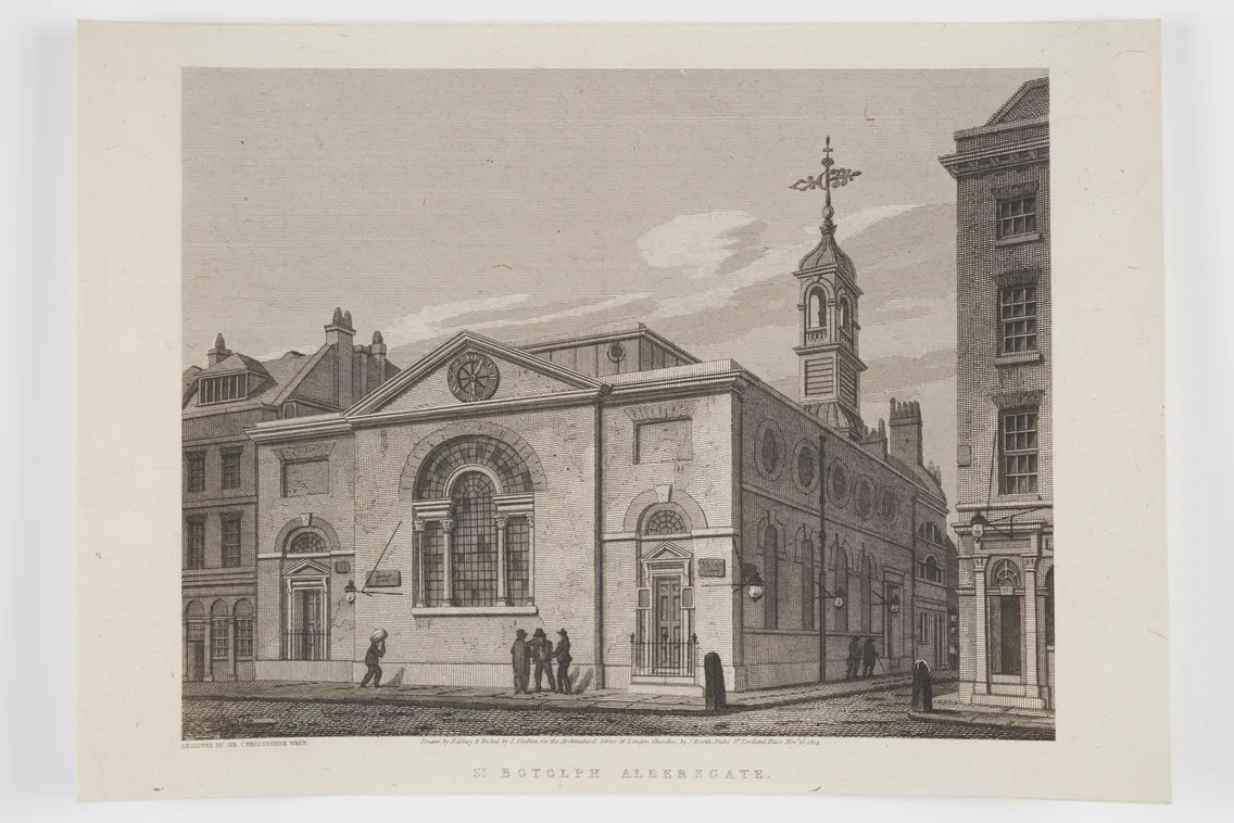A black-and-white illustration of St. Botolph Aldersgate, showing a large building with arched windows, a small tower, and people walking by.