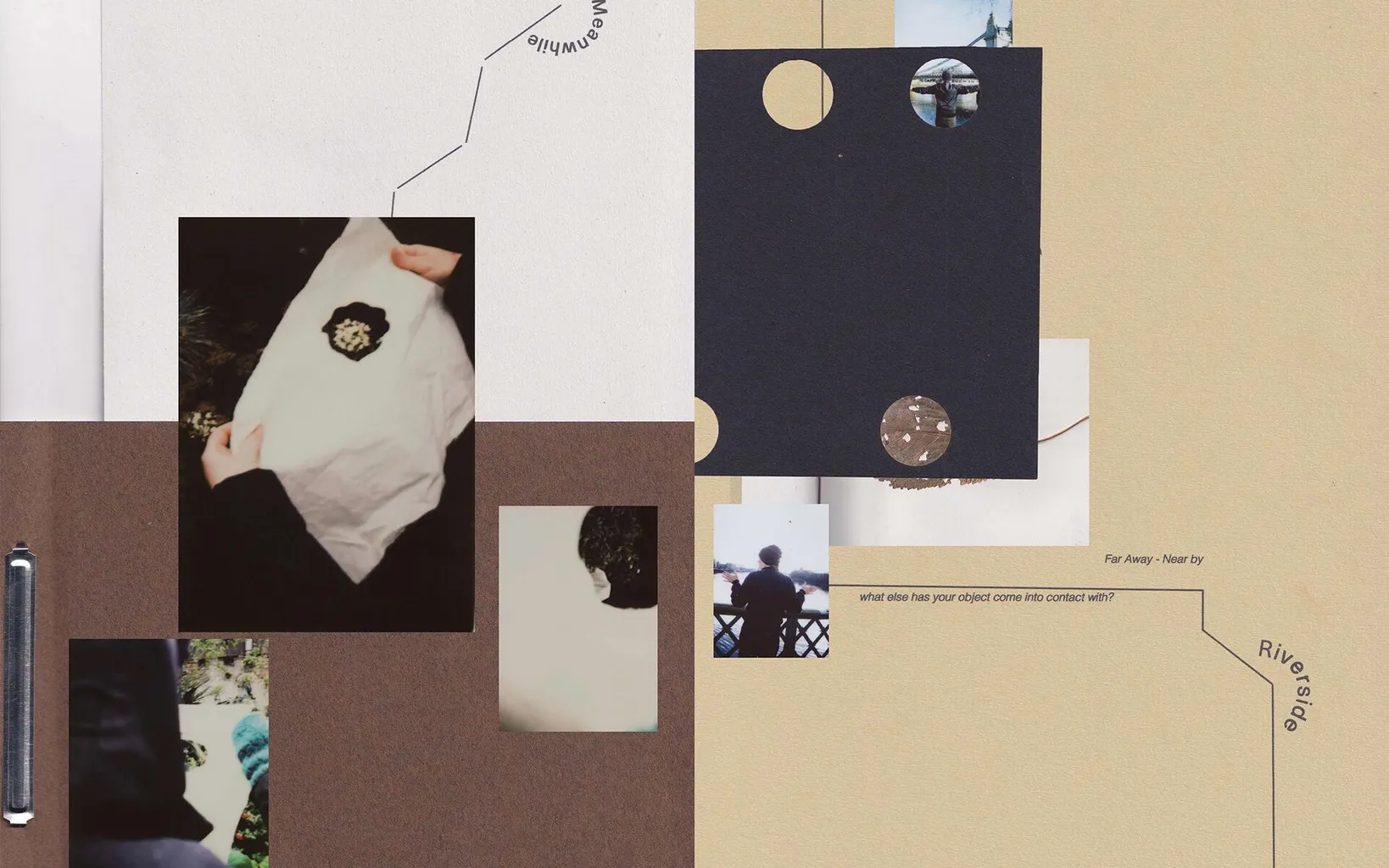 A collage of photographs and shapes arranged on a beige and brown background, with text fragments and lines connecting different elements across the page.