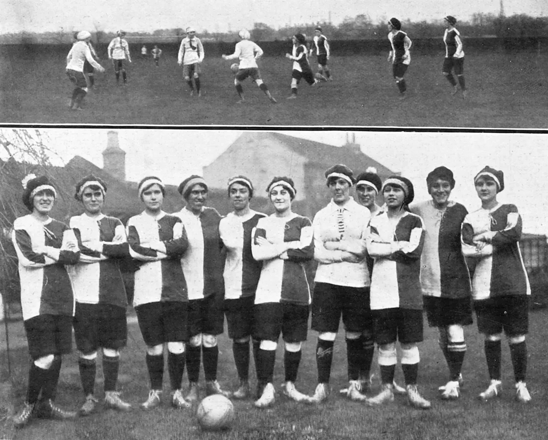 Two black-and-white photos: the top shows women playing soccer on a field; the bottom shows the team posing in uniform with arms crossed and a soccer ball in front.