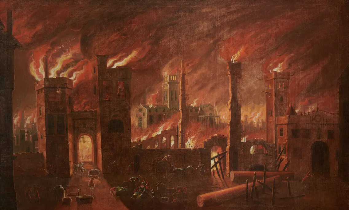 A painting depicting a night-time cityscape with multiple buildings engulfed in flames under a dark, smoky sky.