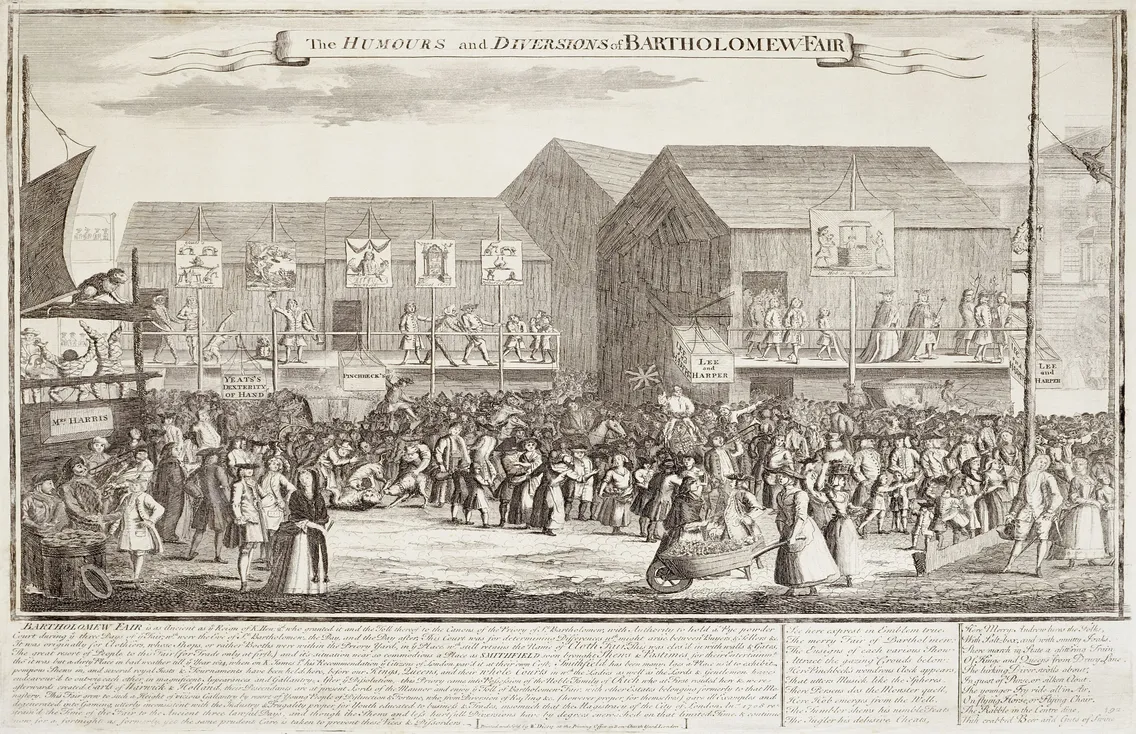 An 18th-century fair scene with large crowds, wooden booths, performers, and various activities; banner reads “The Humours and Diversions of Bartholomew Fair.”.