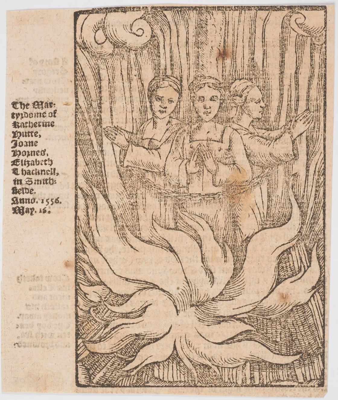 Woodcut illustration of three women standing in flames, with trees or clouds in the background. Text on the left references their names and the year 1556.