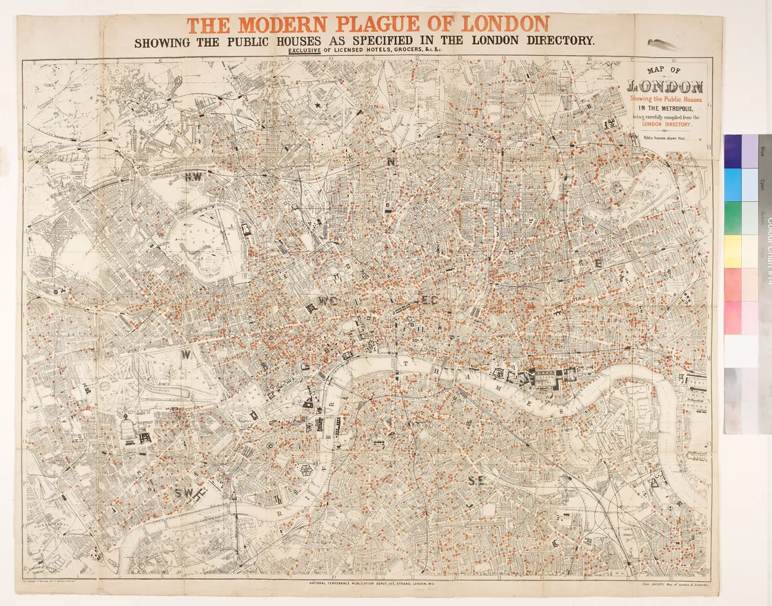 Historical map titled "the modern plague of london," depicting public houses in london as marked with red dots.