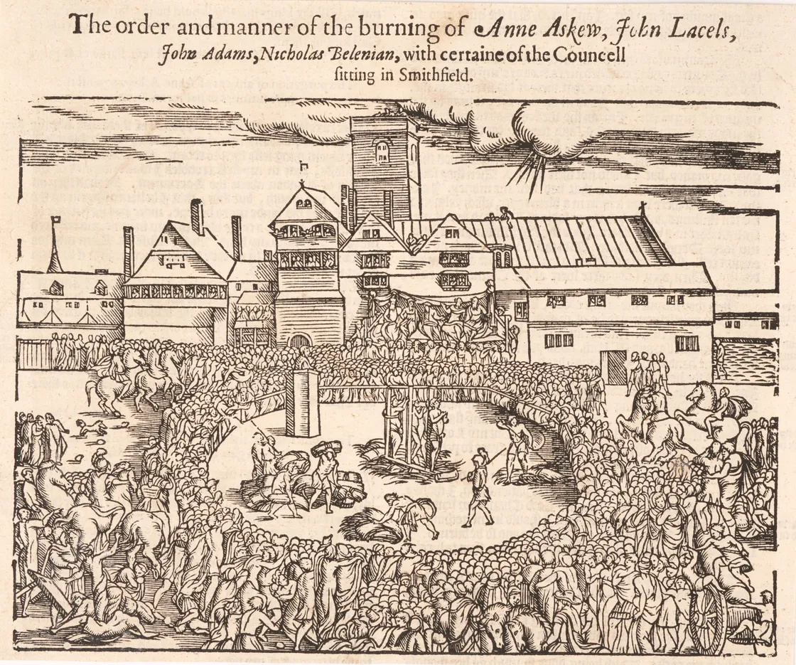 A woodcut illustration depicting the burning of individuals including Anne Askew and John Lascels in Smithfield, with a large gathered crowd and a detailed background of buildings and a tower.