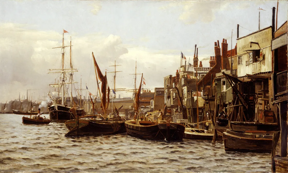 19th-century painting of a bustling port with moored boats, waterfront buildings, and cloudy skies.