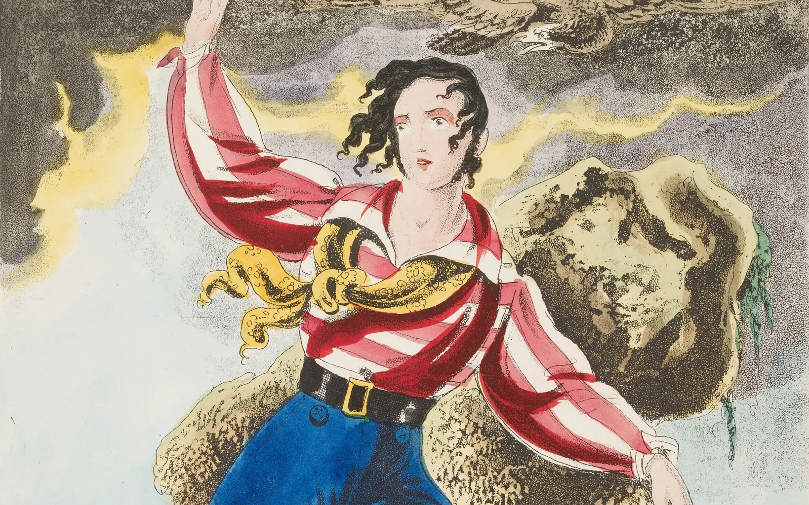 A hand-colored print showing an expressive sailor in a striped shirt and blue trousers stranded on a rocky outcrop, titled "the unfortunate sailor.