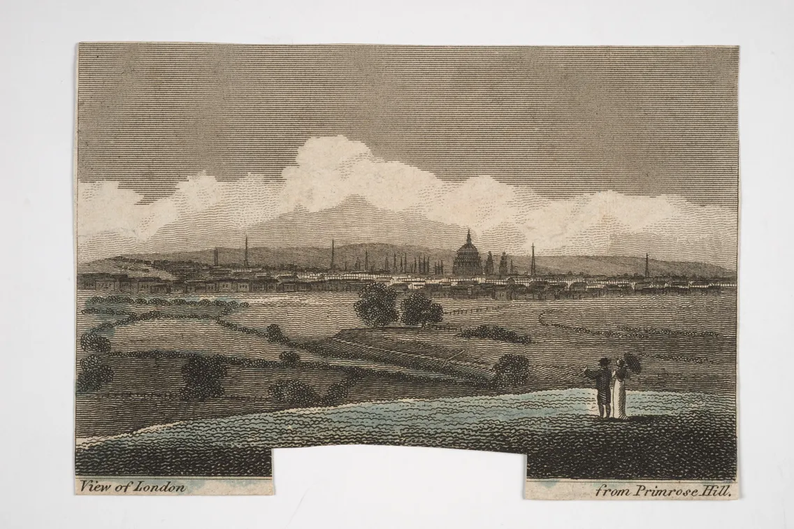 A historical engraving showing a panoramic view of London from Primrose Hill, with two people standing on the hill in the foreground and prominent buildings in the cityscape visible in the distance.