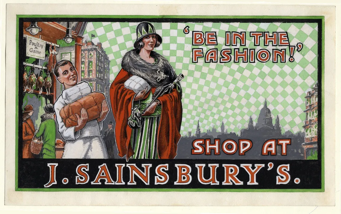 Vintage advertisement depicting a fashionable woman and a man holding bread with the text: "Be in the Fashion! Shop at J. Sainsbury's." Background includes a checkered pattern and cityscape.