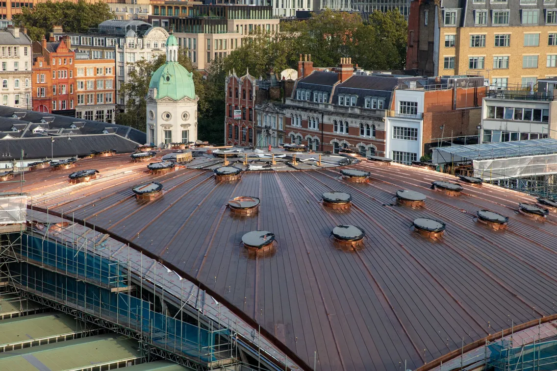 Aerial view of a building with a large circular copper roof surrounded by scaffolding, set against a backdrop of urban buildings and trees.