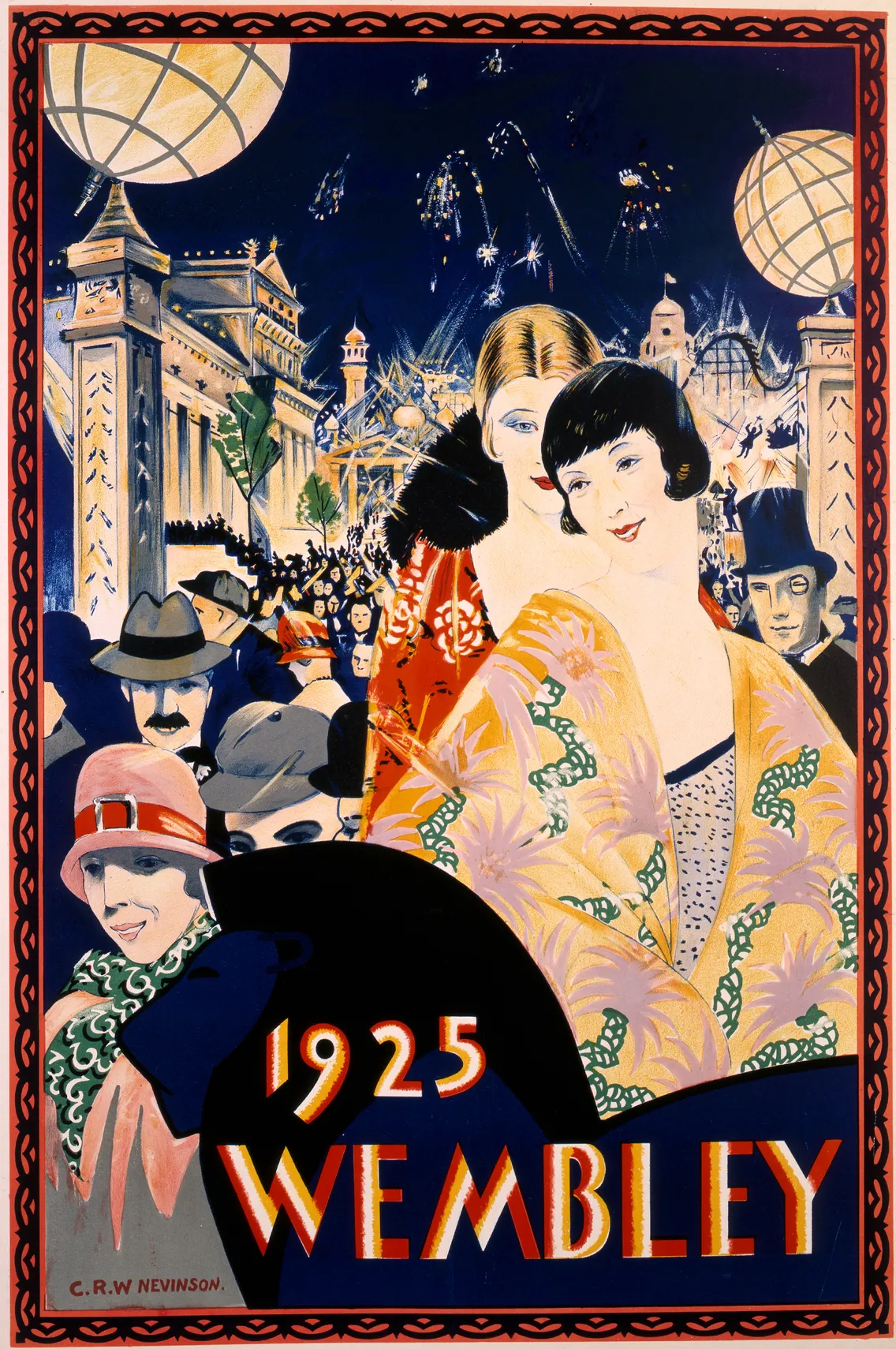 1925 wembley poster featuring a vibrant crowd at a night event, highlighted by a large illuminated sign, fireworks, and stylishly dressed figures in the foreground.