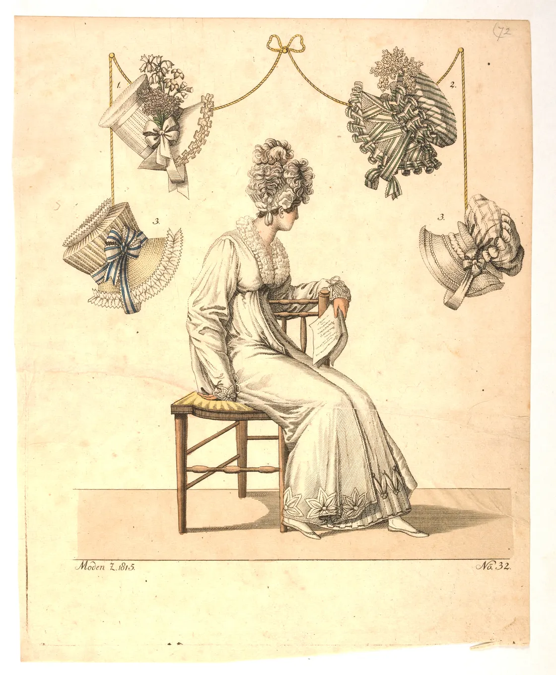Historical illustration of a seated woman in an elegant dress, embroidering, with three decorative hat designs displayed above her.