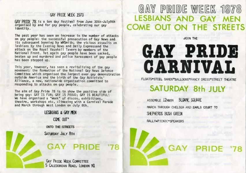 Scan of a 1978 gay pride week flyer promoting events and activities for the lesbian and gay men's community in london, featuring text and schedule details.