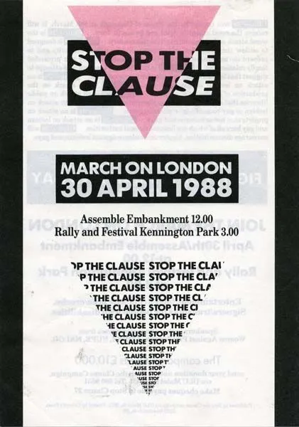 Poster for the "stop the clause" protest and festival, with a large pink triangle and event details for march on london, april 30, 1988.