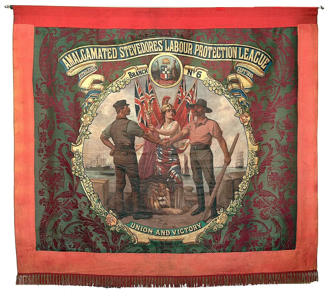 Vintage illustrated banner for the amalgamated stevedores labour protection league depicting three laborers and symbolic figures, with the motto "union and victory.