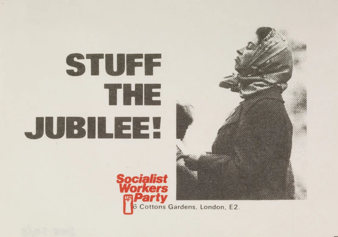 Vintage political poster with the text "stuff the jubilee!" featuring an image of a woman in profile, and "socialist workers party" logo at the bottom.
