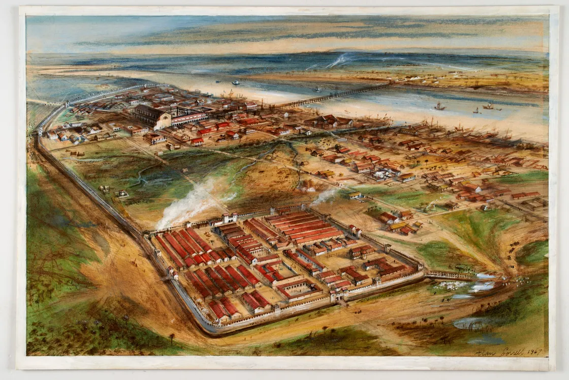 Aerial painting showing a complex of ancient buildings, smokestacks, roads, and a nearby river with boats, surrounded by grassy and undeveloped land, a bridge in the background.