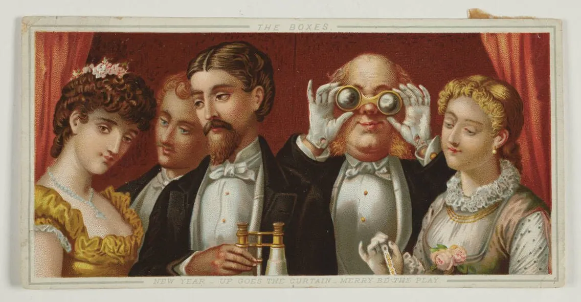 Vintage illustration of five people in a theater box, two men watching a play through binoculars and three elegantly dressed women, under the title "THE BOXES.